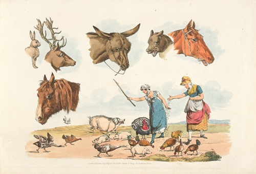 Two women feeding domestic birds, (also six heads of domestic and wild animals)