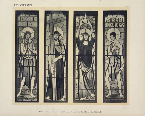 1, La justice ; 2, Le portement de croix ; 3, Le sacré coeur ; 4, La miséricorde, à la chapelle du Christ Rédempteur