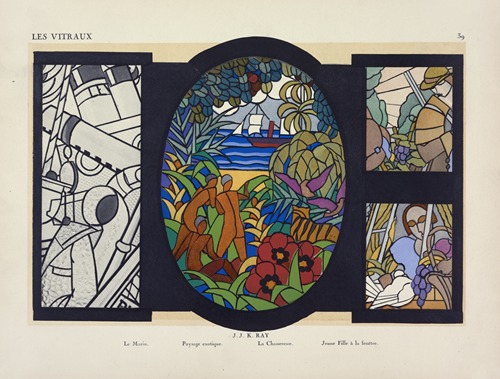 1, Le navire ; 2, Paysage exotique ; 3, La chasseresse ; 4, Jeune fille à la fenêtre, au Pavillon du Vitrail