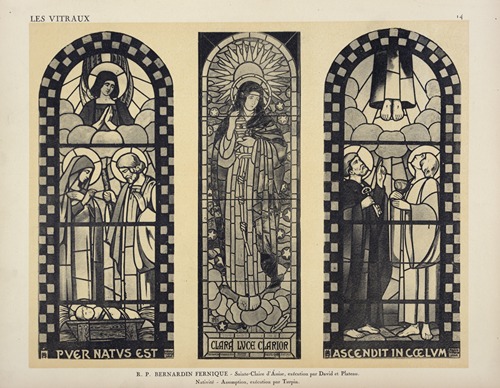 1, Sainte-Claire d’Assise (exécuté par David et Plateaux), au Pavillon du Vitrail ; 2, Nativité ; 3, Ascension (exécutés par Turpin)