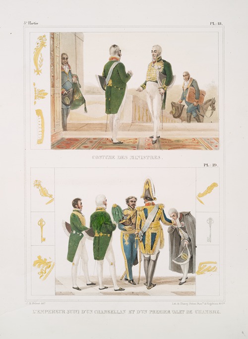 Costume des ministres; L’Empereur suivi d’un chambellan et d’un premier valet de chambre