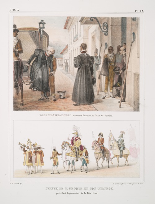 Desembargadores, arrivant en costume au Palais de Justice; Statue de St. George et son cortège, prècédant la procession de la Fête Dieu