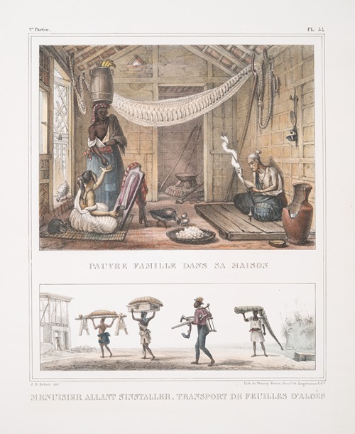 Pauvre famille dans sa maison; Menuisier allant s’installer. Transport de feuilles d’aloès