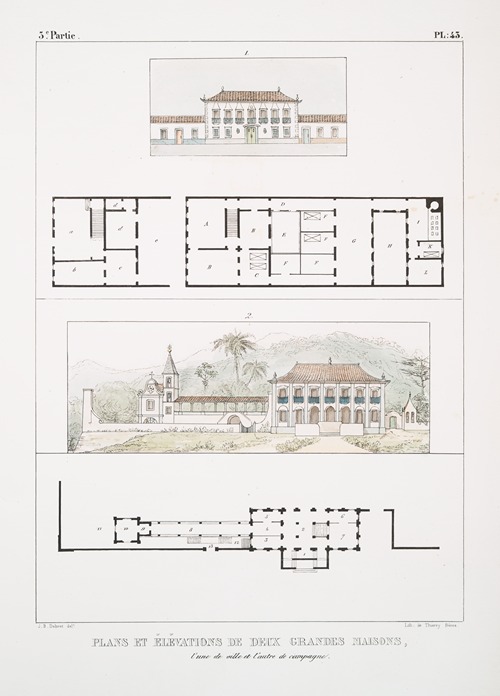 Plans et élévation de deux grandes maisons