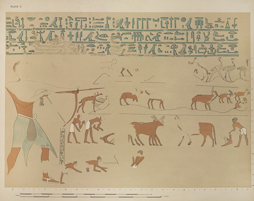 Outdoor sports and occupations; Sebeknekht bending his bow, two ploughmen ploughing with oxen, the sower, etc.