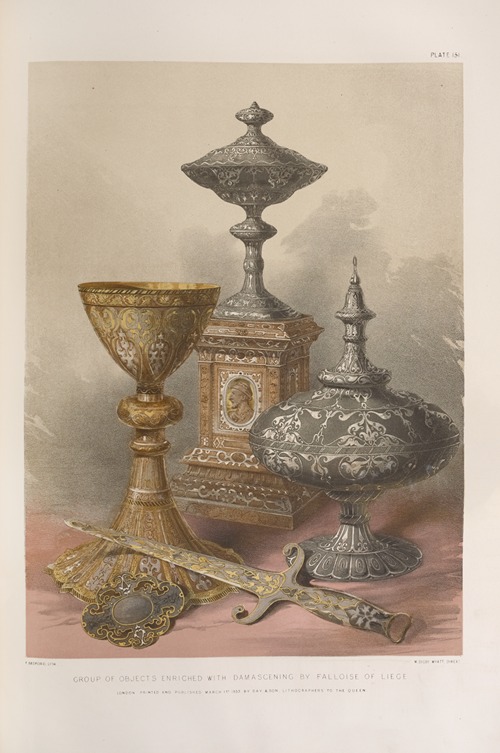 Group of objects enriched with damascening by Falloise of Liege