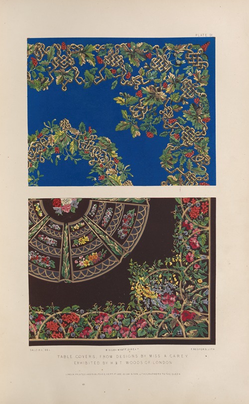 Table covers, from designs by a Miss A Carey exhibited in H & T Woods of London