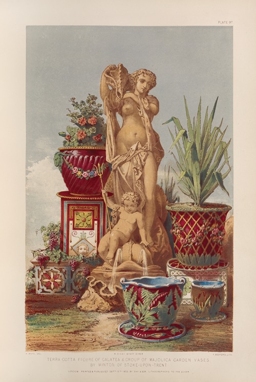 Terra cotta figure of Galatea & group of majolica garden vases