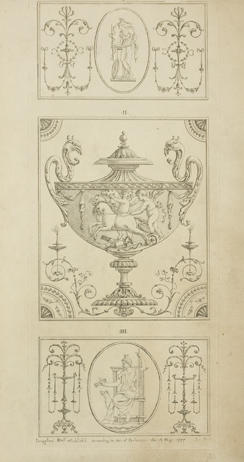 Center design for urn; cherubs in horse-drawn cart.