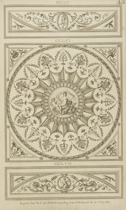 Central design containing scene of birth of Venus, attended by two mermaids and a dolphin.