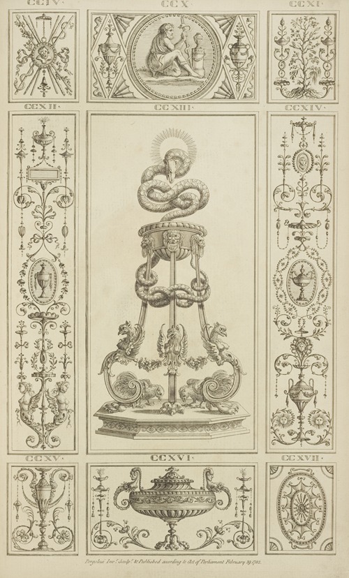 Central design of basin in stand with designs of birds and large snake.