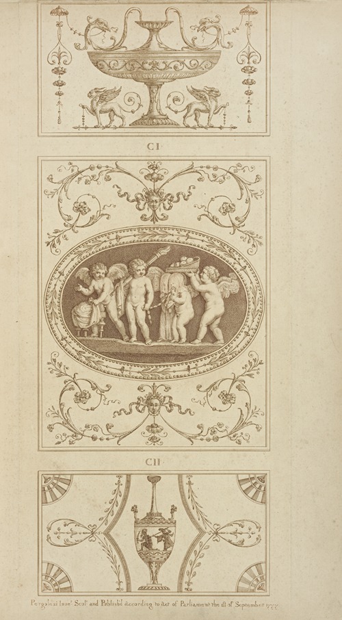 Central design of four cherubs with basket of apples, shrouds, and torch.