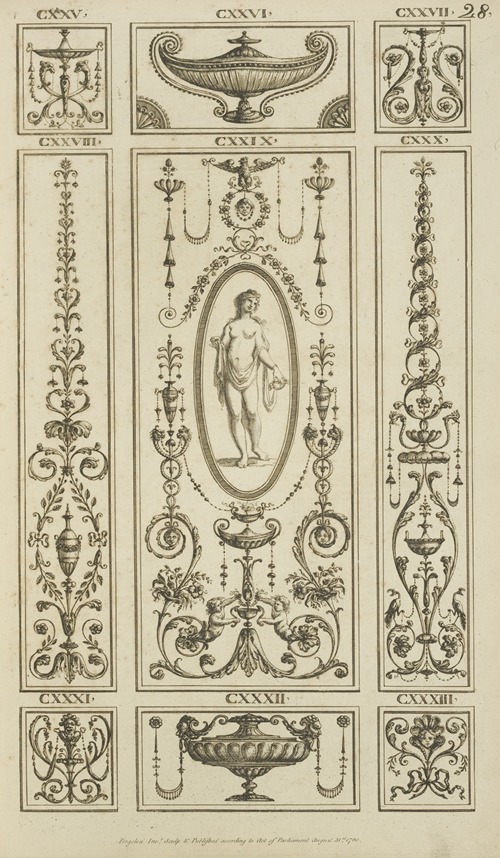 Central design of nude woman with drape holding small vase.