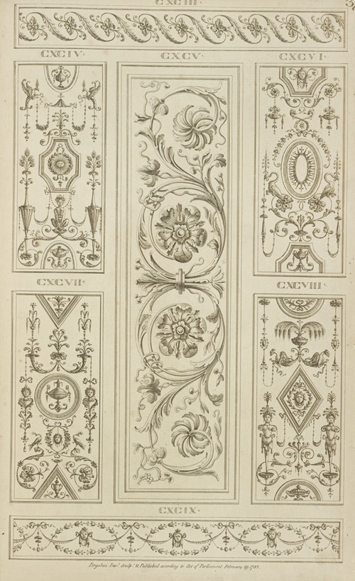 Central design of two floral shapes surrounded by curling vegetal shapes.