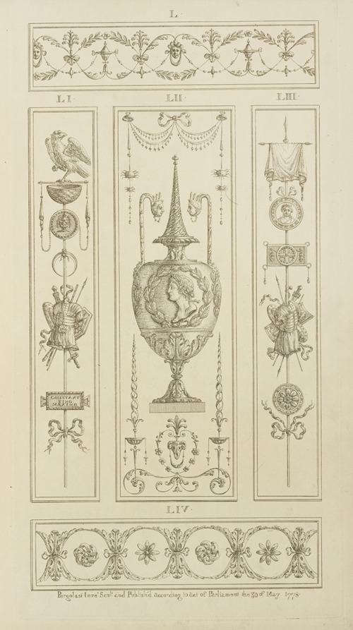 Central design of urn with garland and man’s bust, and two long handles with faces.