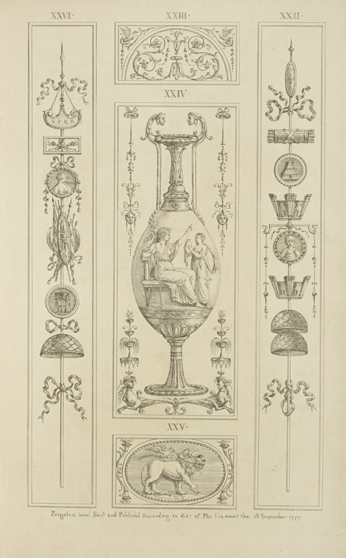 Central design of vase; seated goddess pointing at woman with urn.