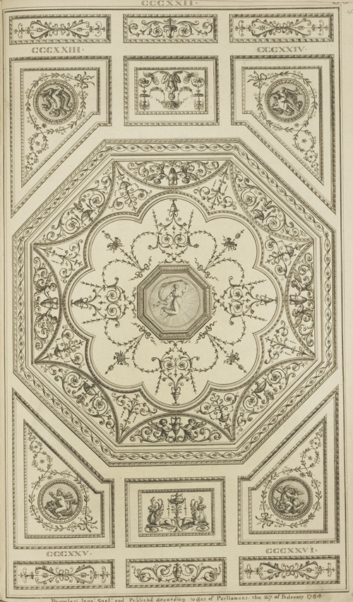 Central octagonal design with leaves and urns; center design of woman with drape.