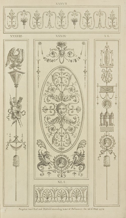 Central ornamental design of woman’s face with vegetal shapes.