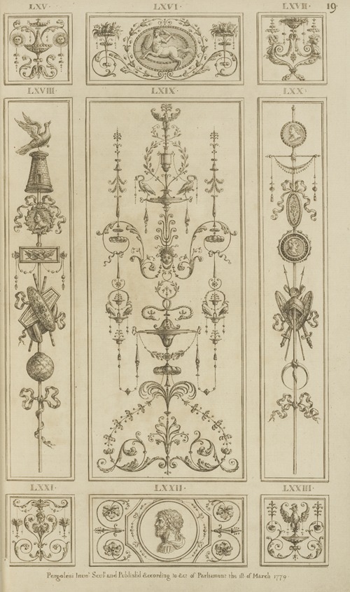 Central ornamental design with birds, leaves, and face.