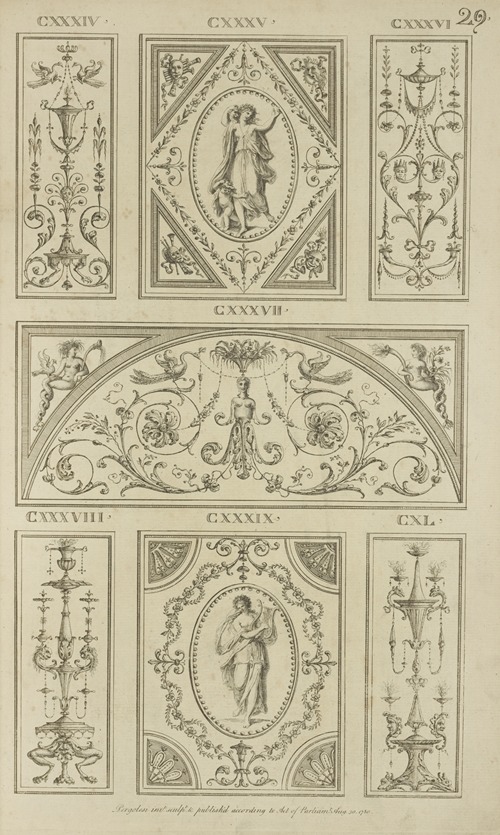 Central tympanum-shaped design with woman’s torso and curling vegetal shapes.