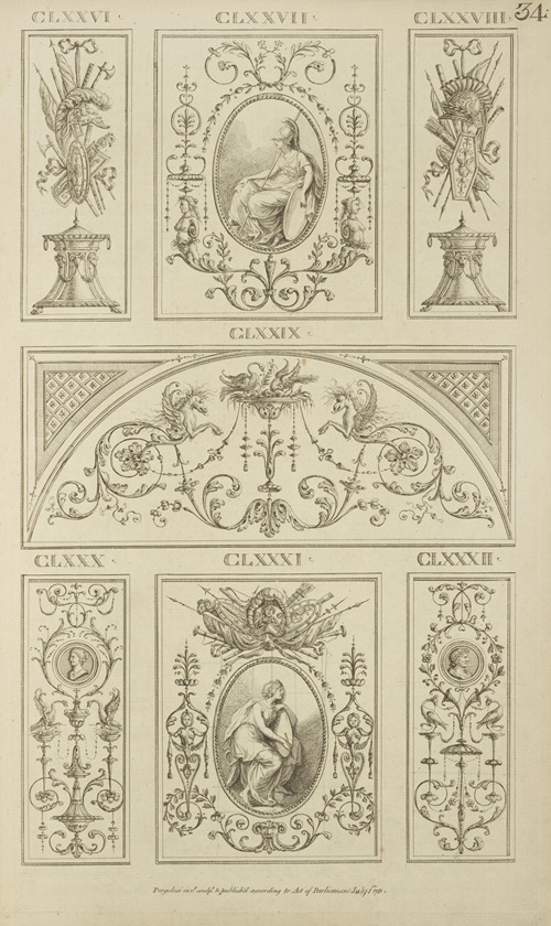 Central tympanum-shaped ornamental design with curling vegetal shapes, sea-monsters, and birds.