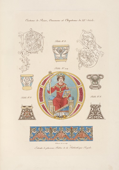 Costume de reine, ornemens et chapiteaux du XIIe. siècle.