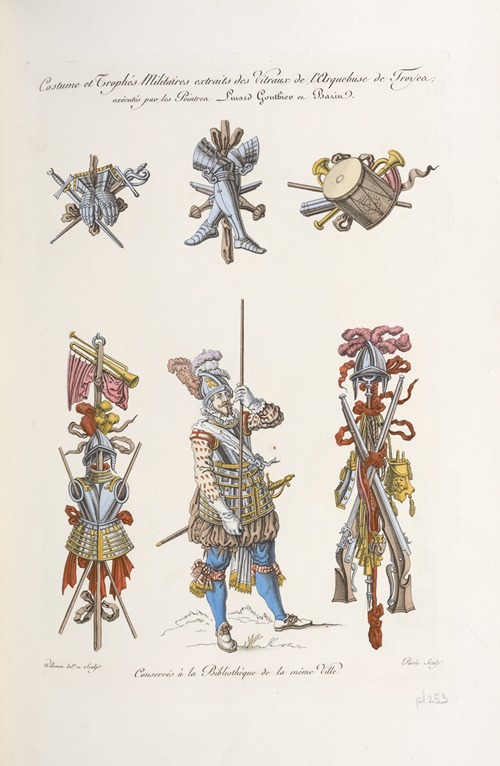 Costume et trophés militaires extraits des vitraux de l’arquebuse de Troyes