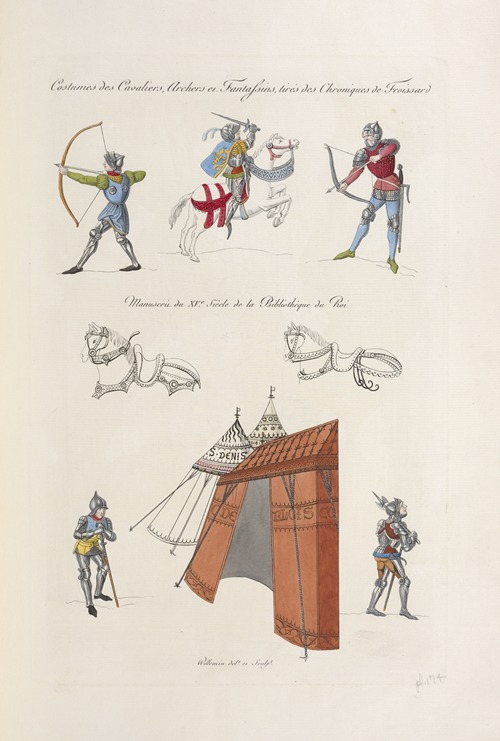 Costumes de cavaliers, archers et fantassins, tirés des chroniques de Froissard; manuscrit du XVe. siècle de la bibliothèque du roi.
