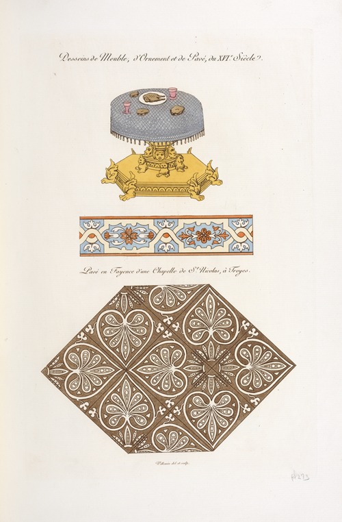 Desseins de meuble, d’ornement et de pavé, du XVIe. siècle. Pavé en fayence d’un chapelle de St. Nicolas, à Troyes.