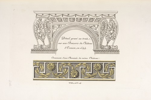 Détail gravé ai trait sur une boiserie du château d’Ecouen, en 1544. Ornement d’une cheminée du même château.