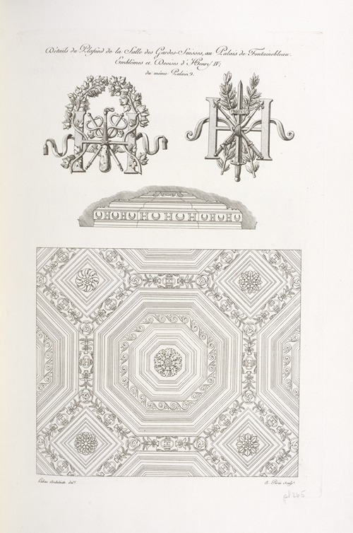 Détails du plafond de la salle des gardes-suisses, au palais de Fontainebleau. Emblêmes de dessins d’Henry IV; du même palais