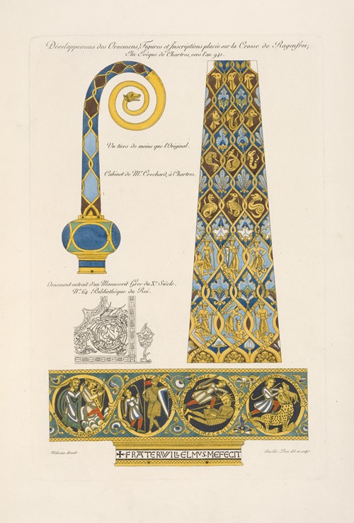 Développemens des ornemens, figures et inscriptions placés sur la crosse de Ragenfroi; evêque de Chartres, vers l’an 941.