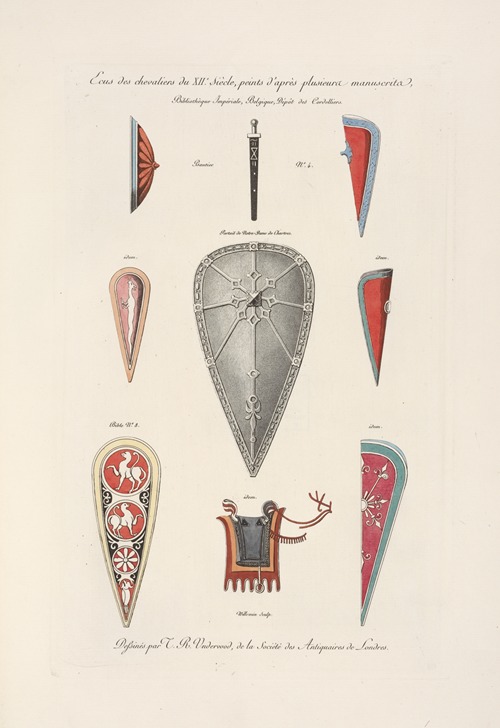 Ecus des chevaliers du XIIe. siècle, peints d’après plusieurs manuscrits.