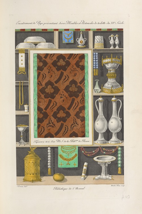 Encadrement de page présentant divers meubles et ustensiles de toilette du XVe. siècle.