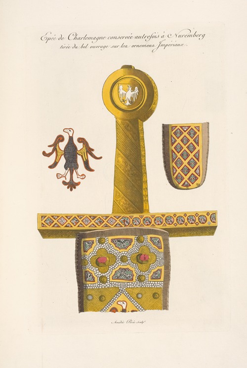 Épée de Charlemagne conservée autrefois à Nuremberg tirée de bel ouvrage sur les ornemens impériaux.