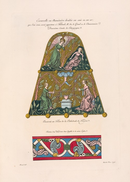 Escarcelle ou aumônière brodée en soie et en or, que l’on crois avoir appartenu à Thibault IV, dit le grand et le chansonnier, douzième comte de Champagne.