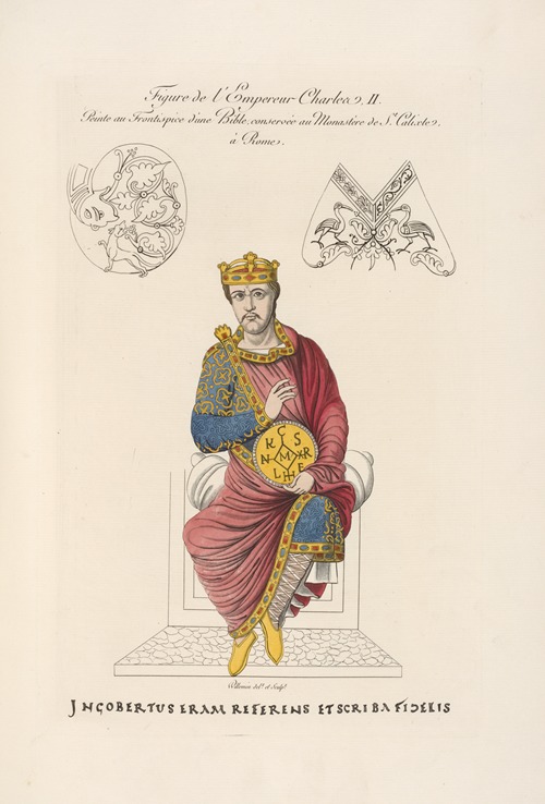 Figure de l’empereur Charles II. Peinte au frontispice d’une bible conservée au monastère de St. Calixte à Rome.