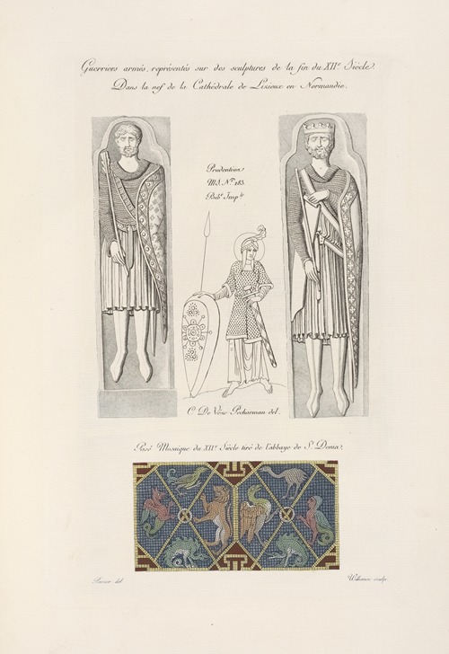 Guerriers armés, représentés sur des sculpture de la fin du XIIe. siècle. […] Pavé mosaïque du XIIe. siècle tiré de l’abbaye de St. Denis.