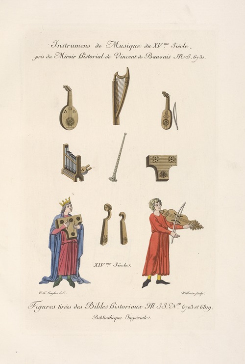 Instrumens [sic] de musique du XVme. siècle, […]; figures tirées des bibles historiaux MSS. No. 6703 et 6819.