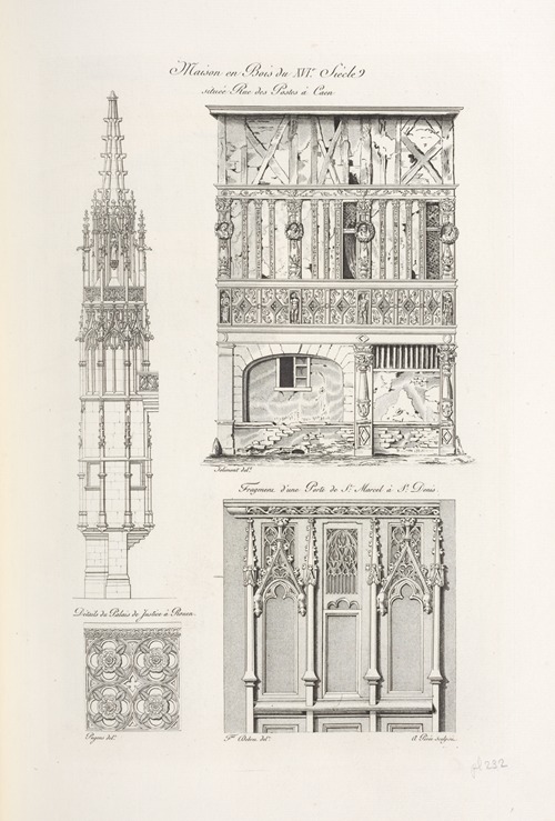 Maison en bois du XVIe. siècle située rue des postes à Caen. Détails du palais de justice à Rouen.