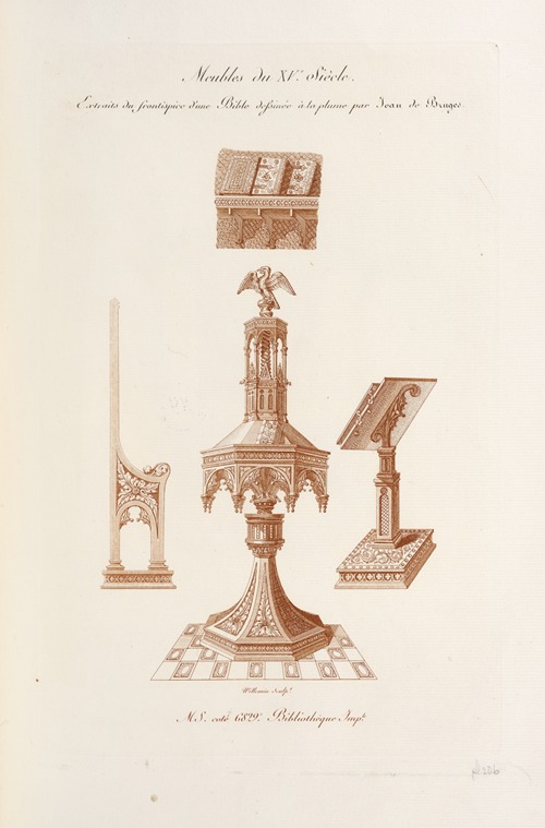 Meubles du XVe. siècle. Extraits du frontispiece d’une bible dessinée à la plume par Jean de Bruges.