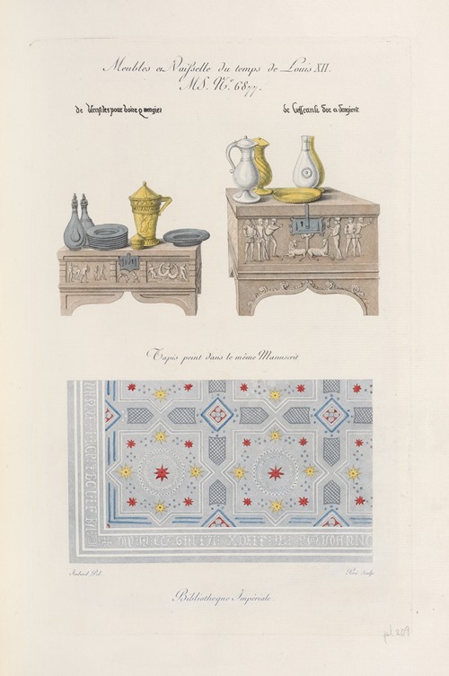 Meubles et vasisselle du temps de Louis XII. MS. no. 6877. […] Tapis peint dans le même manuscrit.