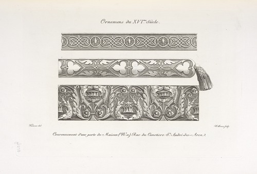 Ornemens du XVIme. siècle. Couronnement d’une porte de maison (no. 11.) Rue du cimetiere St. André-des-Arcs.