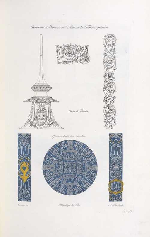Ornemens et broderies de l’armure de François premier. Centre du bouclier. Garniture brodée du bouclier.