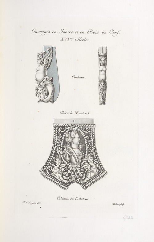 Ouvrages en ivoire et en bois de cerf. XVIme. siècle. Couteau. Poire à poudre.