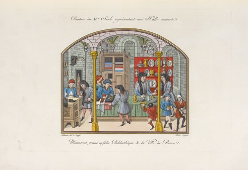 Peinture de XVe. siècle représentant une halle couverte. Manuscrit grand infolio bibliothèque de la ville de Rouen.