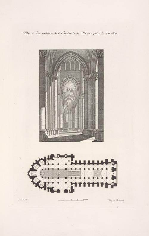 Plan et vue intérieure de la cathédrale de Rheims, prise des bas côtés.
