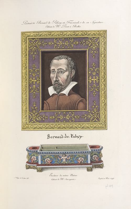 Portrait de Bernard de Palissy et facsimile de sa signature. Cabinet de Mr. Prevot à Brelles. Écritoire du même auteur.