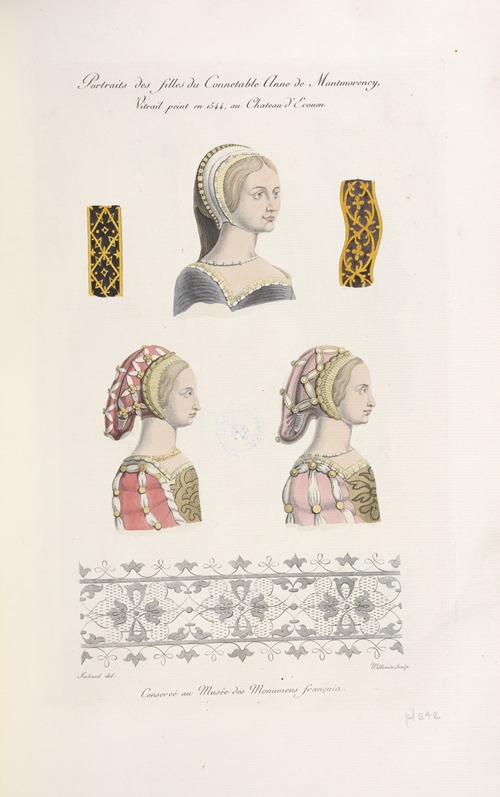 Portraits des filles du connetable Anne de Montmorency, vitrail peint en 1544, au château d’Ecouen.
