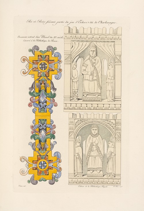 Roi et reine faisant partie de jeu d’échecs dit de Charlemagne; ornement extrait d’un missel du XIe. siècle.